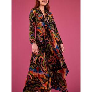 FARM Rio Macaw Island Long Sleeve Maxi Dress 100% Viscose Extra Small XS